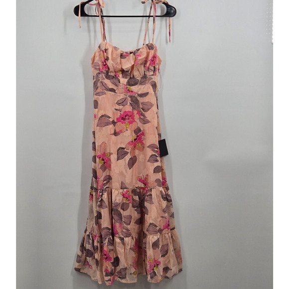 NEW NWT Lulu’s Tea Party Chic Pink Floral Print Tie-Strap Tiered Midi Dress S - Picture 2 of 11